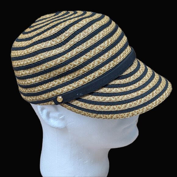 Eric Javits Womens Newsboy Hat Natural Raffia  Tan & Black UPF 50+ Packable Cap - Picture 2 of 7